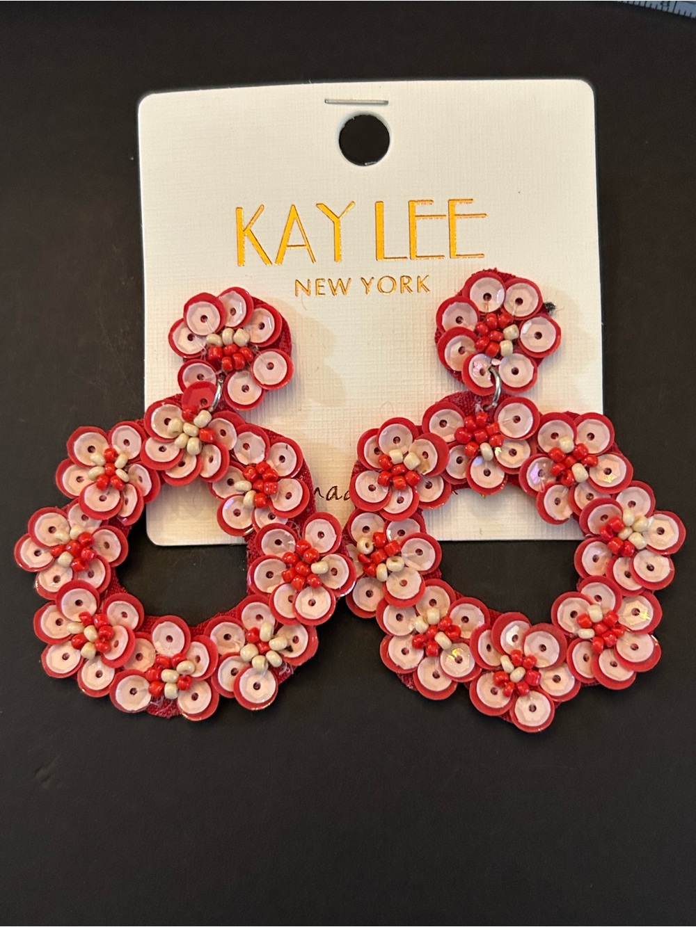 Kay Lee New York Handmade Red and Light Pink Sequin Floral Drop Earrings